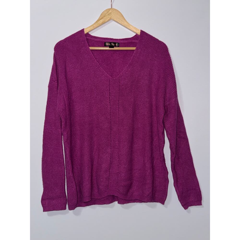 Renuar Purple Textured Waffle Knit V-Neck Pullover Sweater Size Medium